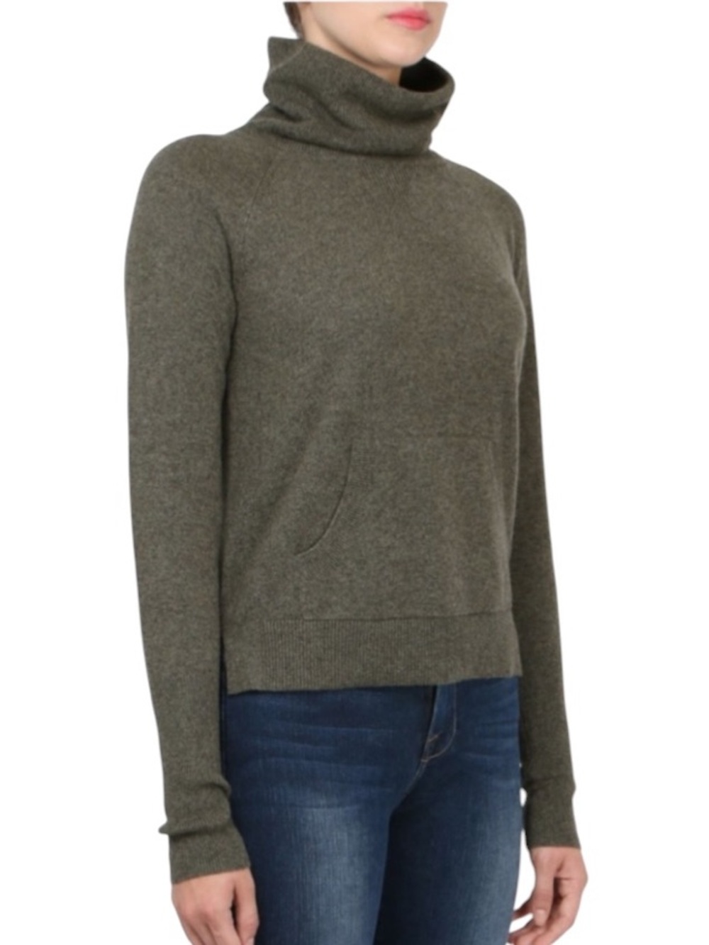 Veronica Beard Oliver Cashmere Funnel Neck Cropped Sweater in Army Green - S - Picture 3 of 14